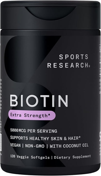 Sports Research® Biotin 5000mcg with Organic Coconut Oil - Vegan, Non-GM, 120 Softgels