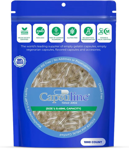 Capsuline Size 1 Clear Empty Vegan Capsules, 5000 Count