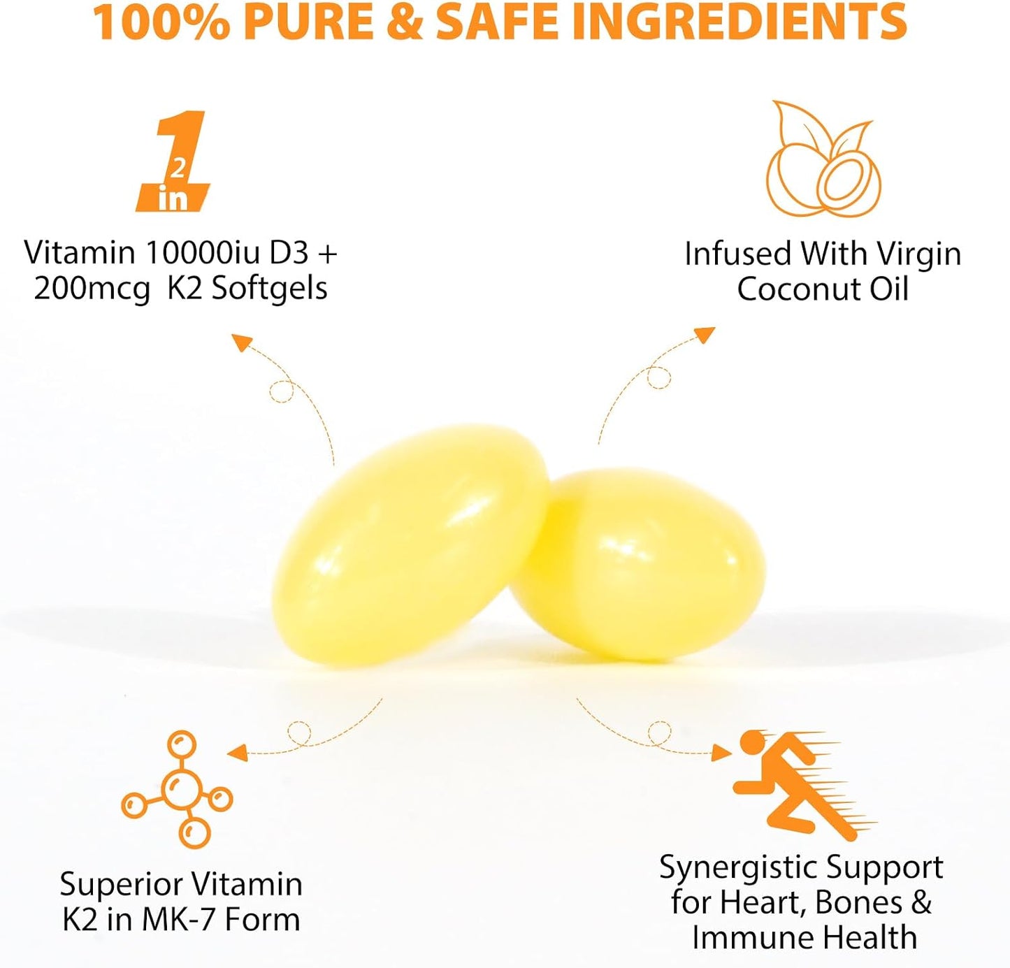 Vitamin D3 K2 Supplement Soft-gels, 10000 IU Vit D3 + 200 mcg K2 (MK-7) | 2-in-1 Formula with Coconut Oil, Supports Calcium Absorption, Easy to Swallow 120 Capsules - görsel 3