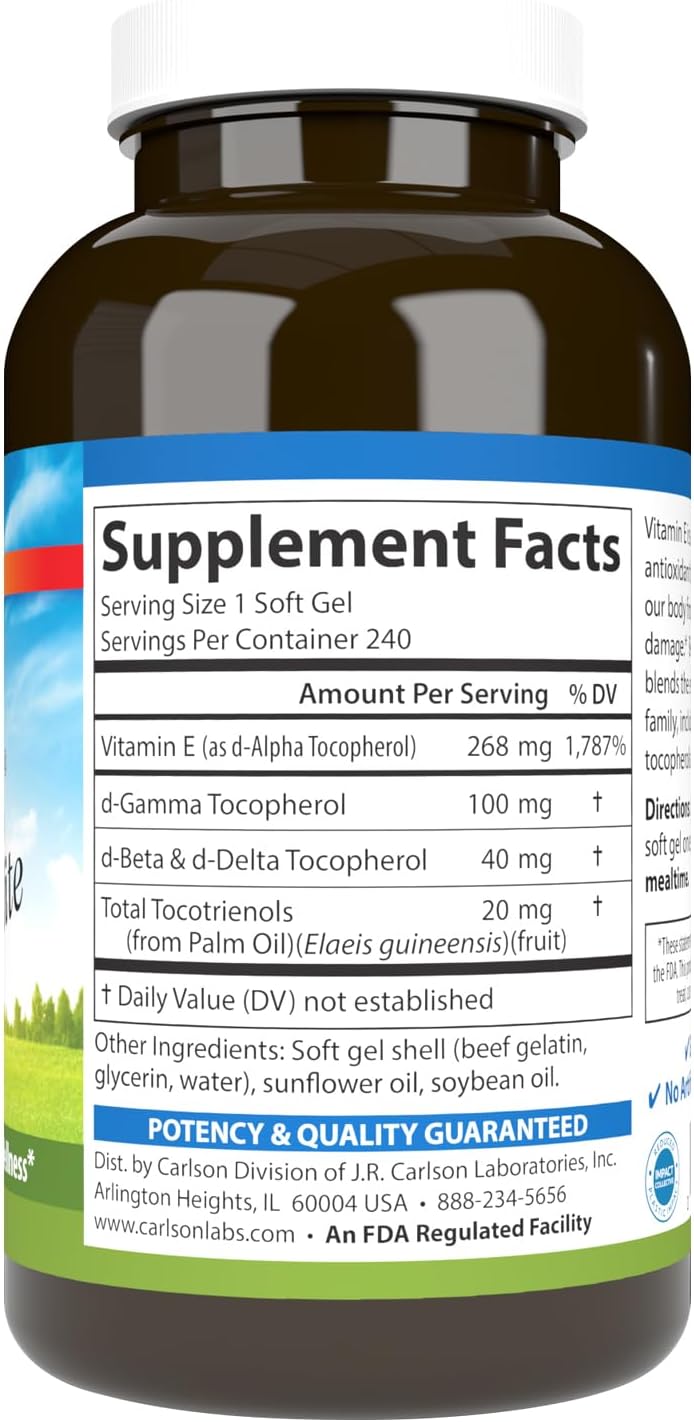Carlson E-Gems Elite 400 IU Vitamin E with Tocopherols & Tocotrienols, 240 Softgels - görsel 2