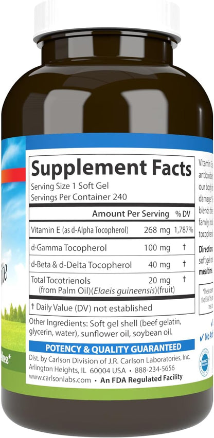 Carlson E-Gems Elite 400 IU Vitamin E with Tocopherols & Tocotrienols, 240 Softgels