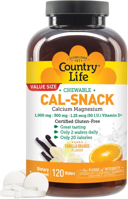 Country Life Cal-Snack Chewable Calcium, Magnesium & Vitamin D – 1000mg/500mg/50 IU – 60 Wafers