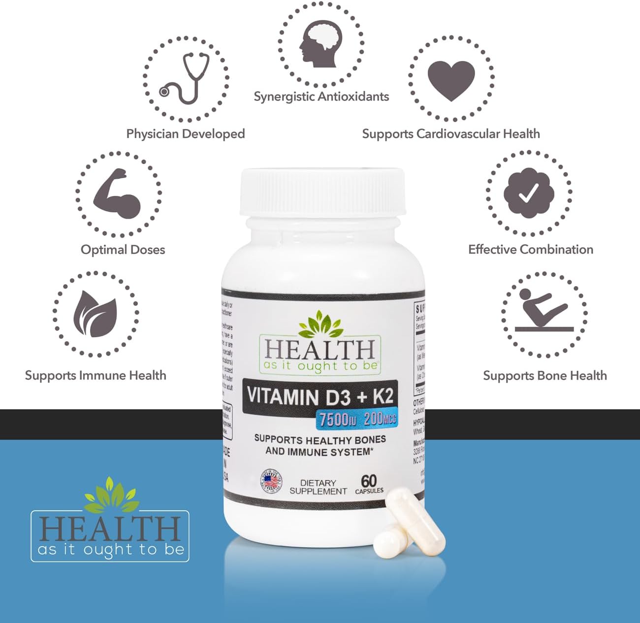 Health As It Ought To Be D3+K2 Supplement: Vitamin D3 7500 IU + K2 200 mcg, 60 Capsules - görsel 3