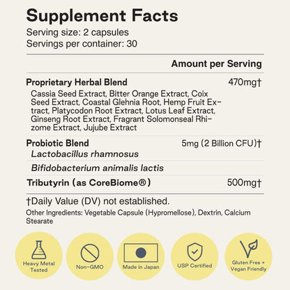 NOOCI NOO Gut, Gut + Skin: 3-in-1 Gut Health Supplement with Herbs, Probiotic & Postbiotic, 60 Vegan Capsules