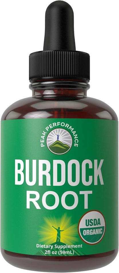 Peak Performance Certified Organic Burdock Root Liquid Drops - Vegan, Gluten free, Non-GM - 60 mL