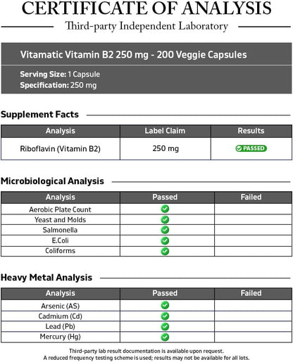 Vitamin B2 (Riboflavin) 250 mg, 200 Vegetarian Capsules - Supports Energy Metabolism, Nervous System Health, Skin & Eye Health, Antioxidant Support - Non GMO, Gluten free