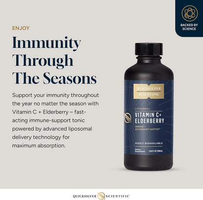 Quicksilver Scientific Liposomal Vitamin C + Elderberry - 1000mg with Superior Absorption Technology & Tocotrienols - Antioxidant & Immune Support Tonic (100ml)