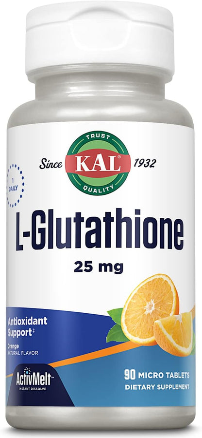KAL L-Glutathione, Reduced Glutathione Supplement, High Absorption Antioxidant, Orange Flavour Instant Dissolve ActivMelt, Vegetarian, Lab Verified, 90 Servings, 90 Micro Tablets