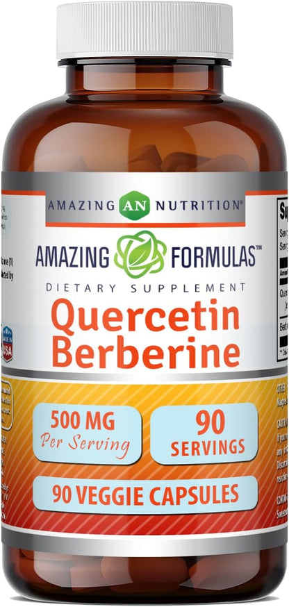 Amazing Formulas Quercetin Berberine – 250 mg Berberine & 250 mg Quercetin, 180 Vegie Capsules (2 Pack)