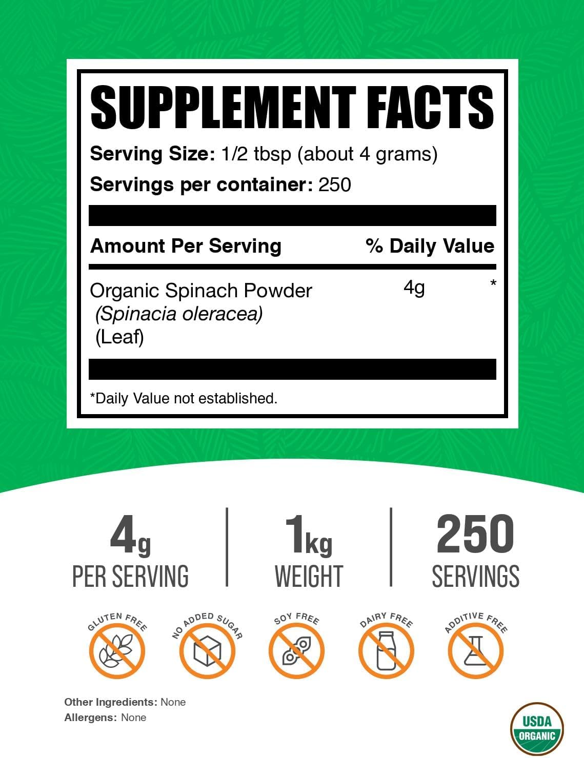 BulkSupplements Organic Spinach Powder – 1kg - görsel 2