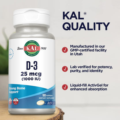 KAL Vitamin D3 1000 IU Softgels – Supports Bone Health and Immune Function