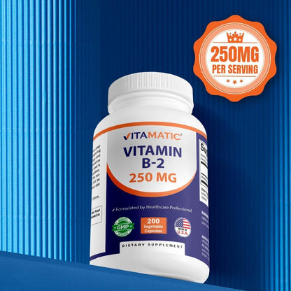 Vitamin B2 (Riboflavin) 250 mg, 200 Vegetarian Capsules - Supports Energy Metabolism, Nervous System Health, Skin & Eye Health, Antioxidant Support - Non GMO, Gluten free