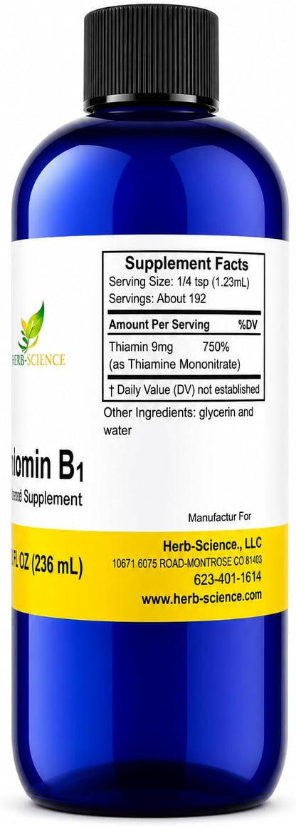 Herb-Science Liquid Vitamin B1 Drops - Thiamine Supplement - 240 mL (288 Servings)