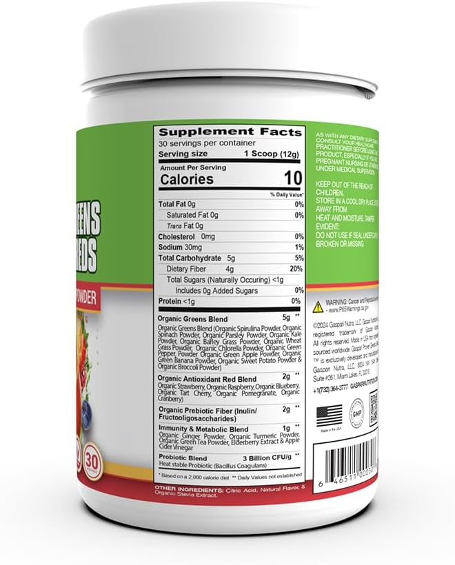 Gaspari Nutrition Greens and Reds: Organic Superfood Powder, Immune Support, Probiotics and Fibre, Vegan and Non-GM (30 Servings, Mango Splash) - görsel 2