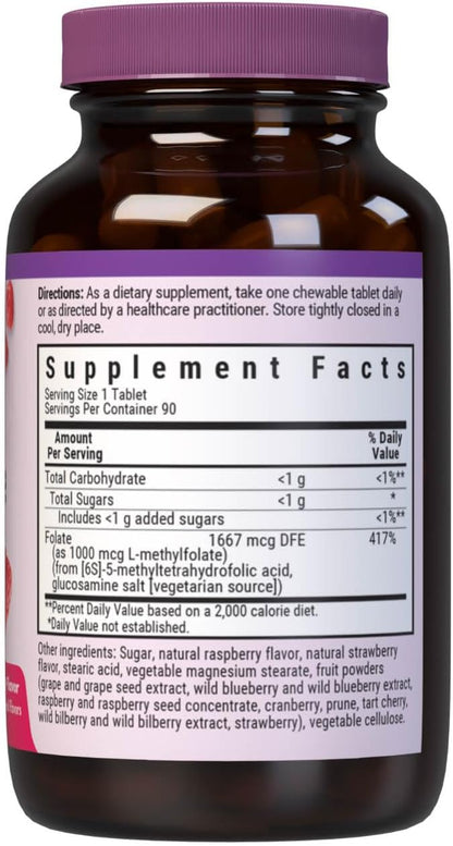 Bluebonnet EarthSweet Methylfolate 1000 mcg Cellular Active Coenzyme 5-MTHF L Methyl Folate Supplement - Prenatal & Energy Support - Non-GM, Vegan, Gluten free - Raspberry - 90 Chewable Tablets