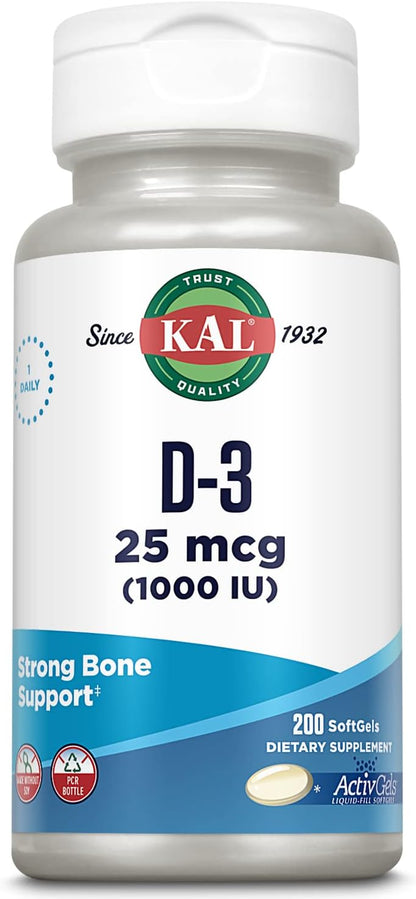 KAL Vitamin D3 1000 IU Softgels – Supports Bone Health and Immune Function