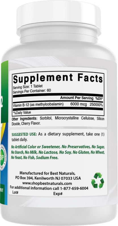 Best Naturals Vitamin B12 Methylcobalamin (Methyl B12), 6000 mcg, 60 Sublingual Tablets (Pack of 2)