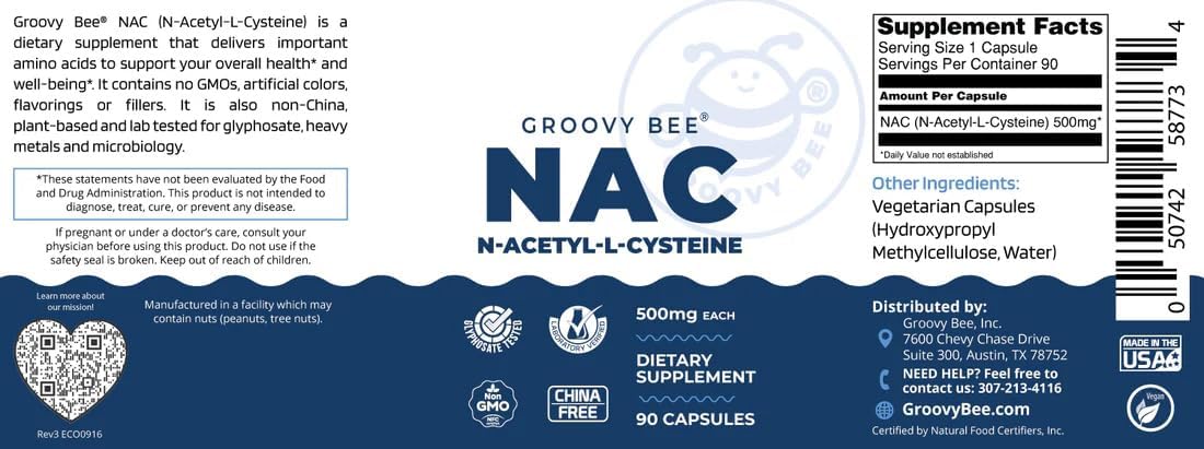 GROOVY BEE® NAC (N-Acetyl-L-Cysteine) 500mg, 90 Capsules – Image 2