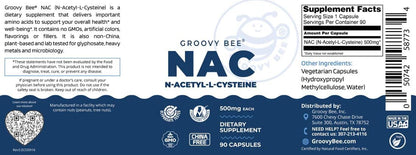 GROOVY BEE® NAC (N-Acetyl-L-Cysteine) 500mg, 90 Capsules – Image 2