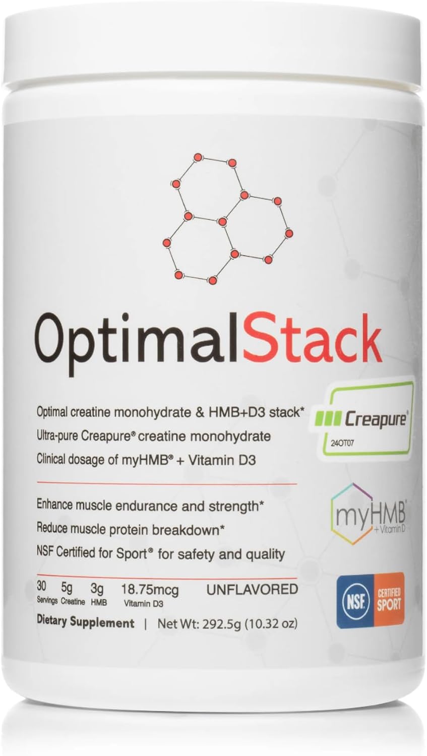 OptimalStack Creatine Monohydrate, HMB & Vitamin D3 Stack | NSF Certified | Unflavoured, 30 Servings – Image 1
