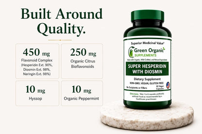 Green Organic Supplements Super Hesperidin with Diosmin, Narangin, Hand Made, Non-GM, Vegan & Gluten free