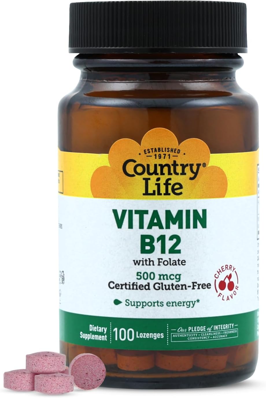 Country Life Vitamin B12 with Folate - 500mcg, 100 Lozenges - Supports Energy Metabolism & Red Blood Cell Formation - Vegan, Gluten Free, Non-GMO - görsel 1