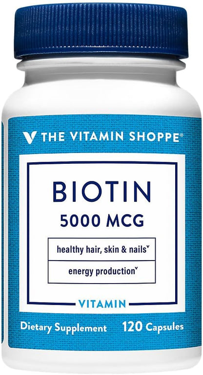 The Vitamin Shoppe Biotin 5,000mcg – Hair Strength, Skin Health & Nail Support, High Potency B Vitamin (120 Capsules)