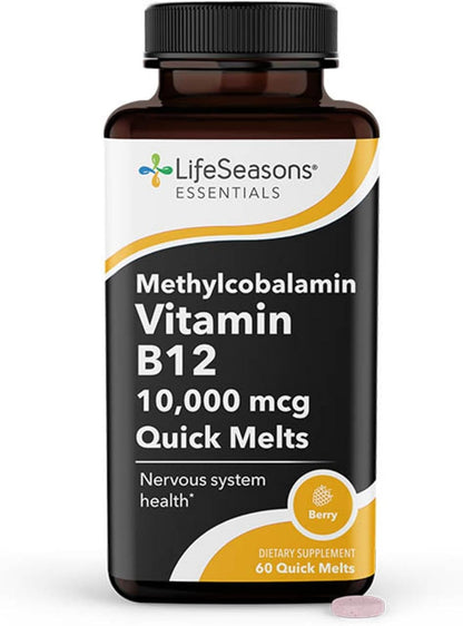 LifeSeasons Essentials Vitamin B12 10,000 mcg Quick Melts – Methylcobalamin B12 for Energy & Nervous System Support – Berry Flavour – 60 Quick Melts