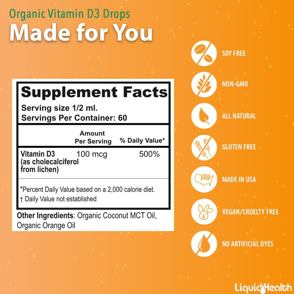 LIQUIDHEALTH Vitamin D3 4000 IU – USDA Certified Organic Vegan Liquid Drops for Immune, Bone & Mood Support (3 Pack) - görsel 5