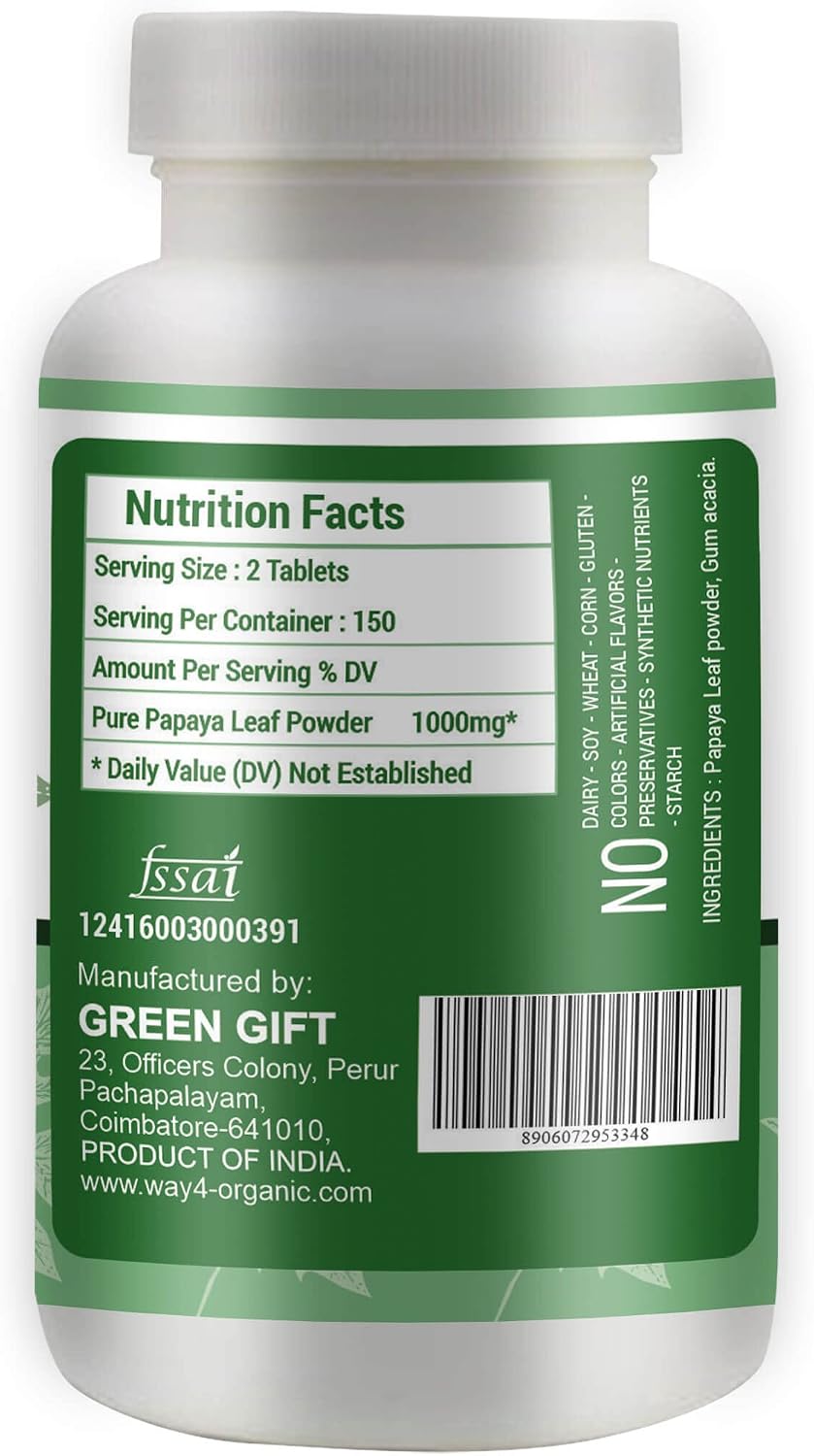 WAY 4 ORGANIC W4O Papaya Leaf Extract Tablets - 1000 mg, 300 Count (150 Servings) - Supports Digestion and Immunity - görsel 4