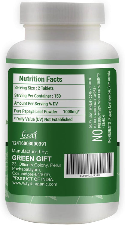 WAY 4 ORGANIC W4O Papaya Leaf Extract Tablets - 1000 mg, 300 Count (150 Servings) - Supports Digestion and Immunity
