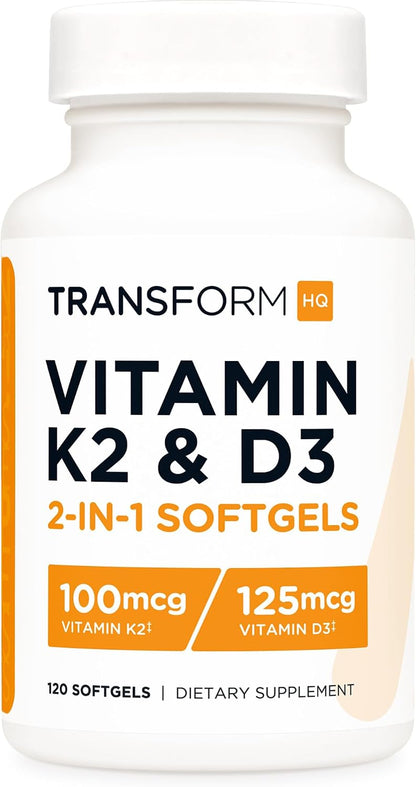 TransformHQ Vitamin K2 (MK7) (100mcg) + Vitamin D3 (5000 IU) - 120 Soft-gels