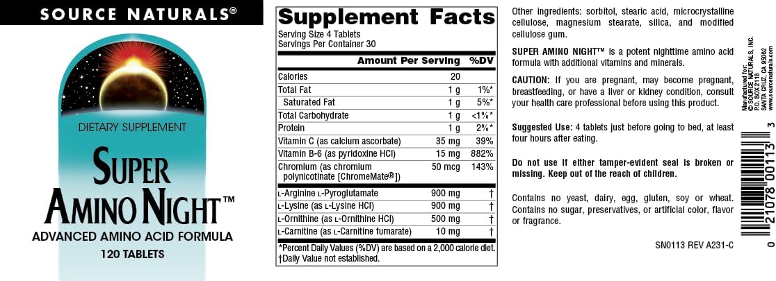 Source Naturals Super Amino Night – Advanced Amino Acid Formula – 120 Tablets - görsel 4