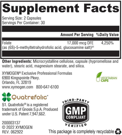 XYMOGEN 5-MTHF ES - Bioactive Folate Supplement - 17,000 mcg (as Quatrefolic) - 60 Capsules