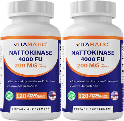 Vitamatic Nattokinase Supplement 4,000 FU Servings, 120 Delayed Release Capsules - Survives Stomach Acids - Non-GM & Gluten free - Made in the USA (2 Packs)