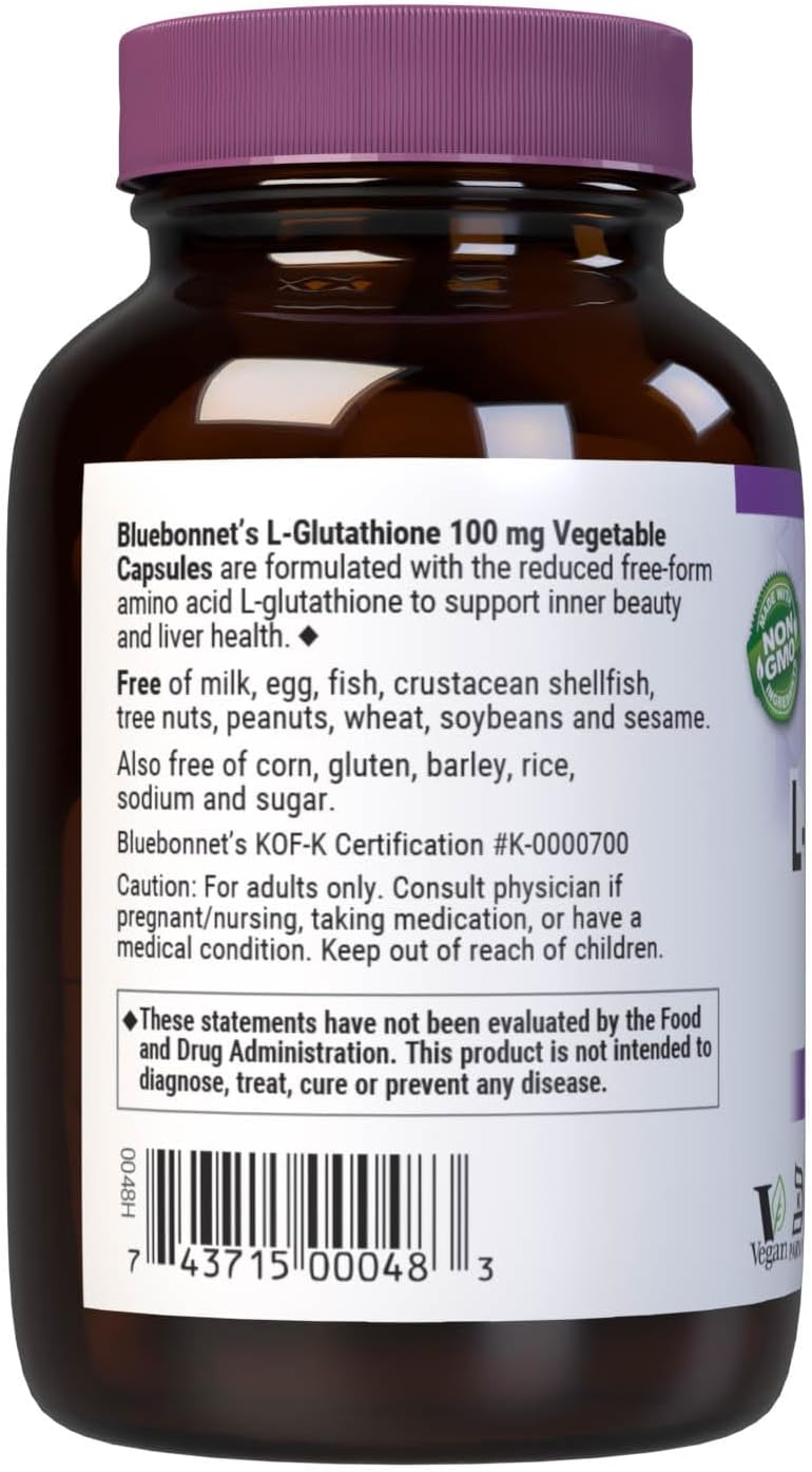Bluebonnet Nutrition L-Glutathione 100mg - Free-Form Reduced Glutathione - 30 Vegan Capsules - görsel 3