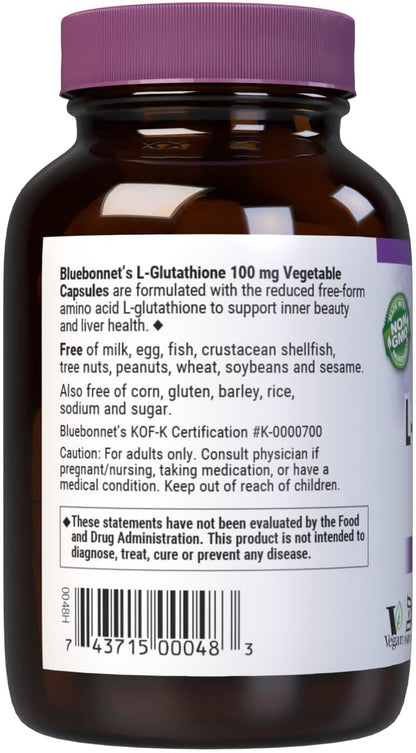 Bluebonnet Nutrition L-Glutathione 100mg - Free-Form Reduced Glutathione - 30 Vegan Capsules