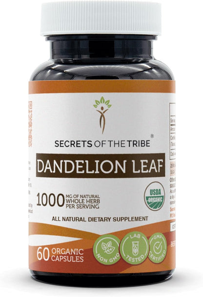 Secrets of the Tribe Dandelion Leaf USDA Organic Capsules | Certified Organic Vegetarian Capsules, Herbal Dietary Supplement | Taraxacum Officinale Dried Leaf (60 Count)