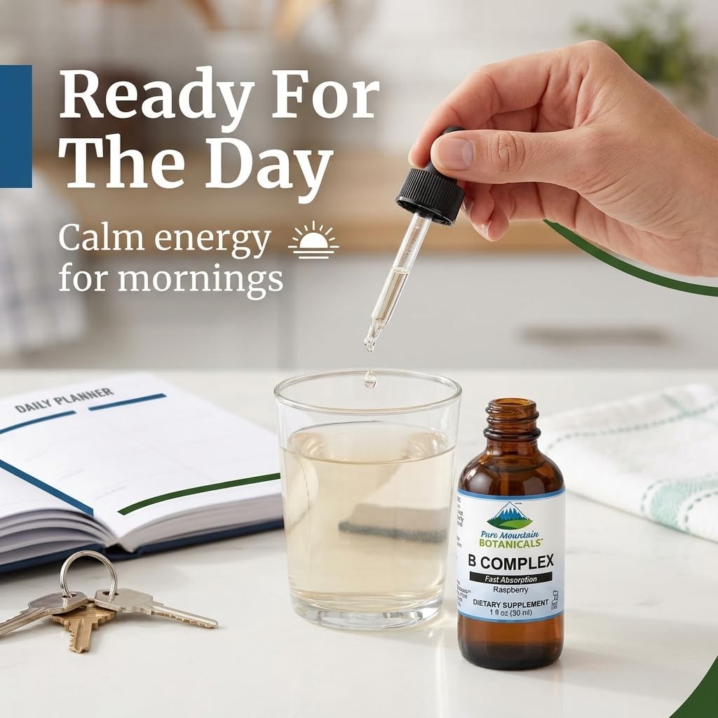 Pure Mountain Botanicals Liquid Vitamin B Complex - B12 B6 Drops - Raspberry Flavour - Kosher Non-GM - 30 Servings - görsel 7