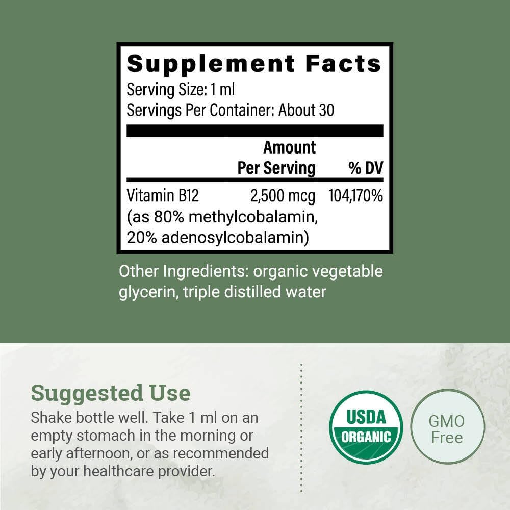 USDA Organic Vitamin B12 2000mcg Sublingual Liquid Supplement (2-Pack) - Vegan Methylcobalamin Drops for Natural Energy and Metabolism Support - 30 ml - görsel 3