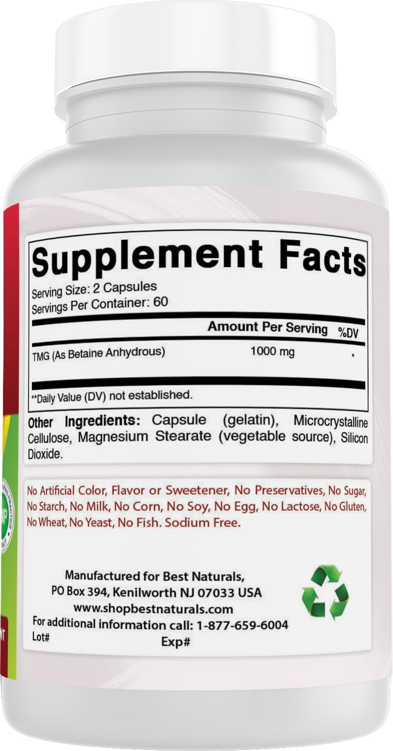 Best Naturals TMG Trimethylglycine (as Betaine Anhydrous) 1000 mg – 120 Capsules (Pack of 2) - görsel 6