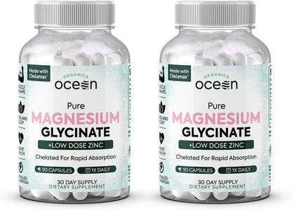 Organics Ocean Pure Magnesium Glycinate with Zinc – Chelated Magnesium for Sleep and Muscle Support – 6 Bottles