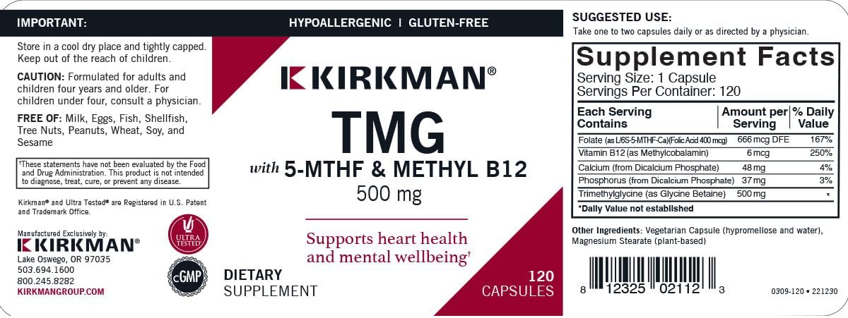 TMG (Trimethylglycine) 500 mg with Folinic Acid & B12, Hypoallergenic - 120 Capsules - görsel 3