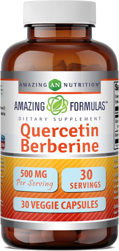 Amazing Formulas Quercetin Berberine – 250 mg Berberine & 250 mg Quercetin, 180 Vegie Capsules (2 Pack)