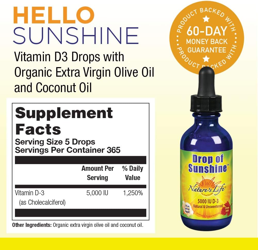 Nature's Life Drop of Sunshine Vitamin D-3 Drops in Organic Extra Virgin Olive Oil & Coconut Oil 5000 IU | Supports Strong Bones & Immune System | 2 oz - görsel 2