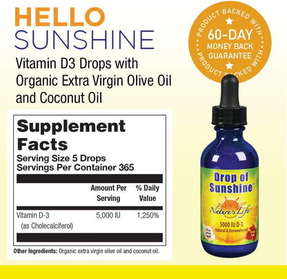 Nature's Life Drop of Sunshine Vitamin D-3 Drops in Organic Extra Virgin Olive Oil & Coconut Oil 5000 IU | Supports Strong Bones & Immune System | 2 oz