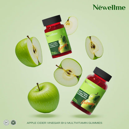 NEWELLME Apple Cider Vinegar Gummies with B12 - ACV Supplement Gummy Vitamins, Energy & Detox | Vegan, Non-GM & Gluten Free (60)