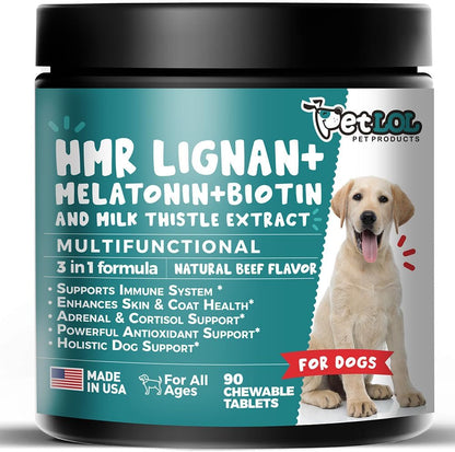 HMR Lignan + Melatonin + Biotin + Milk Thistle for Dogs | 4-in-1 Formula | 90 Chewable Tablets | Natural Beef Flavour