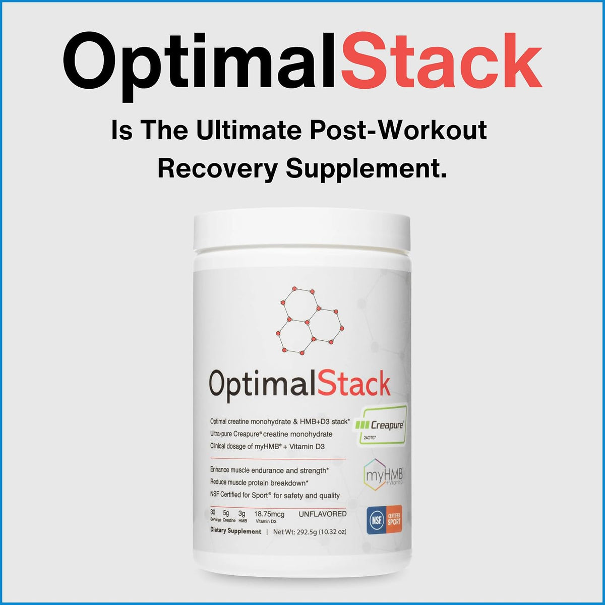 OptimalStack Creatine Monohydrate, HMB & Vitamin D3 Stack | NSF Certified | Unflavoured, 30 Servings – Image 8
