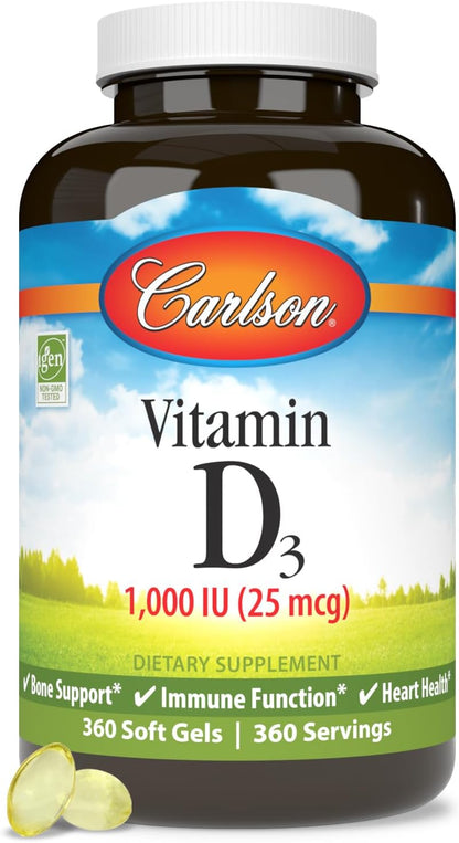 Carlson Vitamin D3 1000 IU (25 mcg) – 360 Softgel Capsules for Bone and Muscle Health